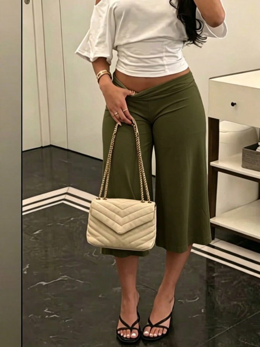 Olive Green Elegant Women's High Waist Non See-Through Wide Leg Capri Pants
